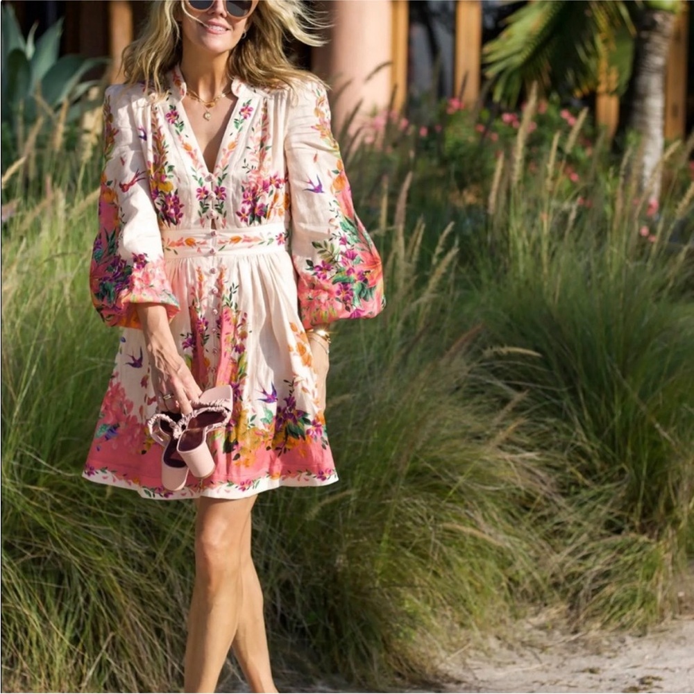 Zimmerman Tropicana Plunge Mini Dress in Cream Floral Size 0P